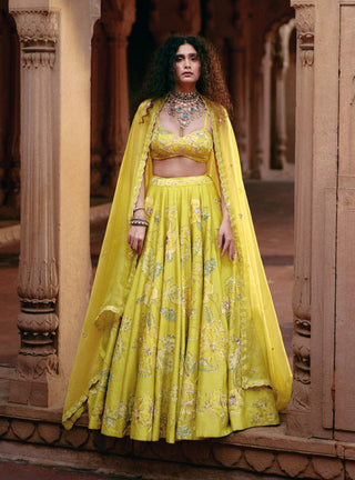Lime Yellow Chintz Printed Lehenga Set by Paulmi & Harsh available on Indiaspopup.com