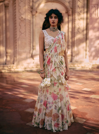 Ivory Motifs Pre-Draped Sari Set by Paulmi & Harsh available on Indiaspopup.com