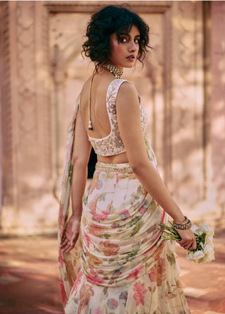 Ivory Motifs Pre-Draped Sari Set by Paulmi & Harsh available on Indiaspopup.com