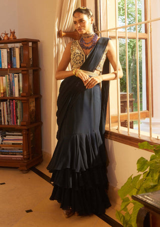 Paulmi & Harsh-Navy Blue Georgette Sari Set-INDIASPOPUP.COM