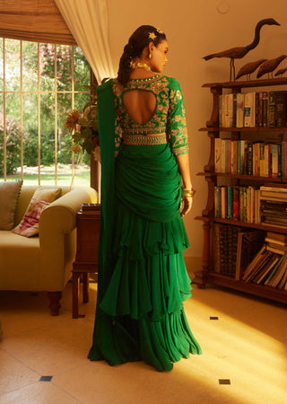 Paulmi & Harsh-Emerald Green Organza Sari Set-INDIASPOPUP.COM