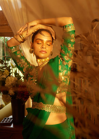 Paulmi & Harsh-Emerald Green Organza Sari Set-INDIASPOPUP.COM