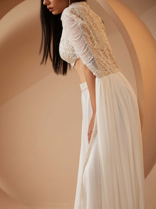 Roqa-Pearl White Cape And Skirt Set-INDIASPOPUP.COM