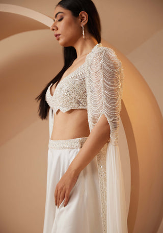 Roqa-Pearl White Cape And Skirt Set-INDIASPOPUP.COM