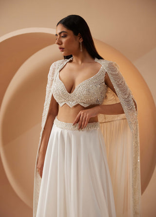 Roqa-Pearl White Cape And Skirt Set-INDIASPOPUP.COM