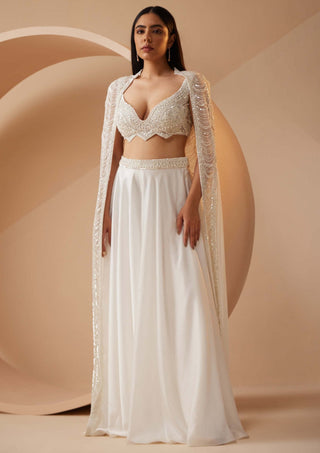 Roqa-Pearl White Cape And Skirt Set-INDIASPOPUP.COM