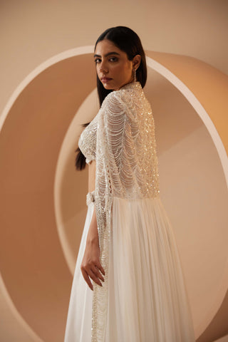 Roqa-Pearl White Cape And Skirt Set-INDIASPOPUP.COM