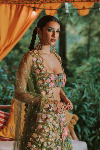 Papa Don'T Preach By Shubhika-Moss Green Embroidered Lehenga Set-INDIASPOPUP.COM