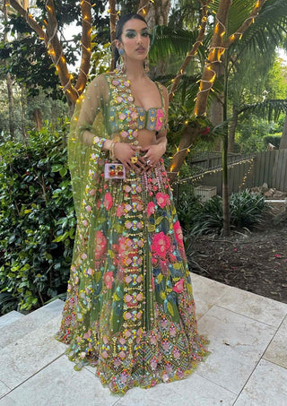 Papa Don'T Preach By Shubhika-Moss Green Embroidered Lehenga Set-INDIASPOPUP.COM