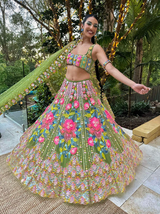 Papa Don'T Preach By Shubhika-Moss Green Embroidered Lehenga Set-INDIASPOPUP.COM