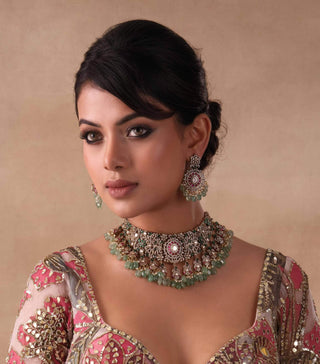 Chitrali red and green polki necklace set