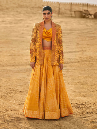 Punit Balana Mustard Bikaner Lehenga And Jacket Set available on indiaspopup