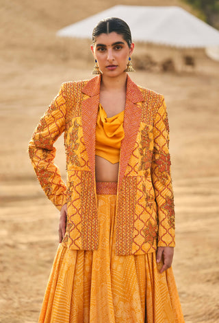 Punit Balana Mustard Bikaner Lehenga And Jacket Set available on indiaspopup