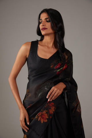 Rohit Bal-Black Organza Sari And Unstitched Blouse-INDIASPOPUP.COM