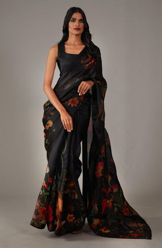 Rohit Bal-Black Organza Sari And Unstitched Blouse-INDIASPOPUP.COM