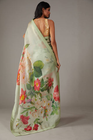 Rohit Bal-Mint Green Organza Sari And Unstitched Blouse-INDIASPOPUP.COM