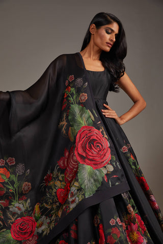 Rohit Bal-Black Organza Printed Anarkali Set-INDIASPOPUP.COM