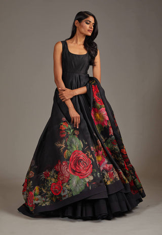 Rohit Bal-Black Organza Printed Anarkali Set-INDIASPOPUP.COM