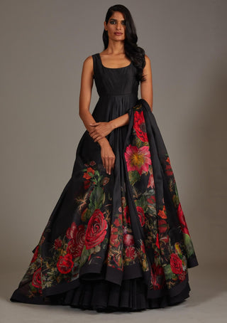 Rohit Bal-Black Organza Printed Anarkali Set-INDIASPOPUP.COM