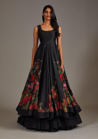 Rohit Bal-Black Organza Printed Anarkali Set-INDIASPOPUP.COM