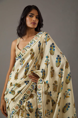Rohit Bal-Ivory Printed Chanderi Sari And Unstitched Blouse-INDIASPOPUP.COM
