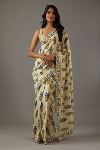 Rohit Bal-Ivory Printed Chanderi Sari And Unstitched Blouse-INDIASPOPUP.COM