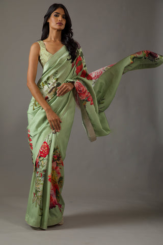 Rohit Bal-Mint Green Silk Chanderi Sari And Unstitched Blouse-INDIASPOPUP.COM