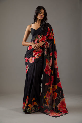 Rohit Bal-Black Red Chanderi Sari And Unstitched Blouse-INDIASPOPUP.COM