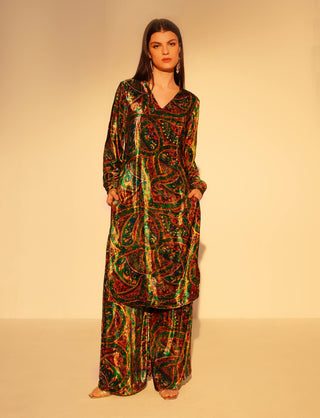 Emerald silk velvet tunic and pants