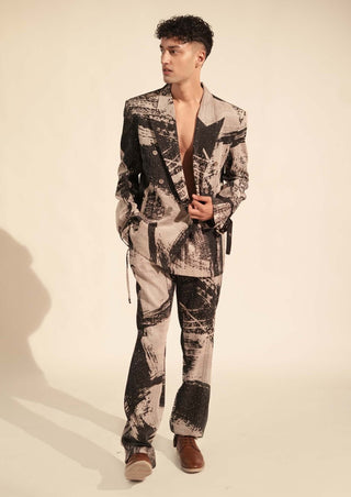Nikita Mhaisalkar Men-Black White Stroke Print Pantsuit Set-INDIASPOPUP.COM