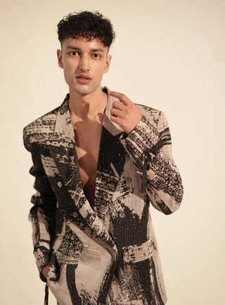 Nikita Mhaisalkar Men-Black White Stroke Print Pantsuit Set-INDIASPOPUP.COM