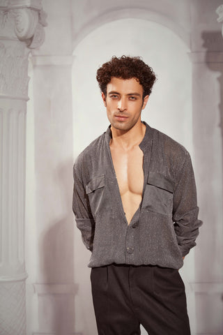 Grey Tweed Print Oversized Shirt by Nikita Mhaisalkar Men available on Indiaspopup.com