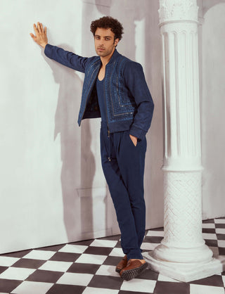 Navy Blue Pleated Trousers by Nikita Mhaisalkar Men available on Indiaspopup.com