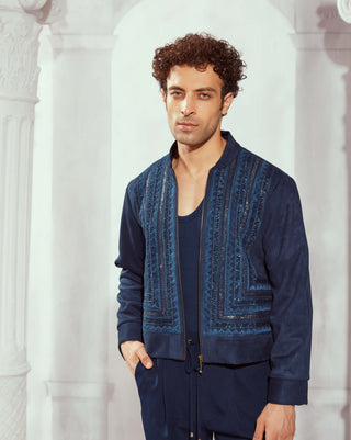 Navy Blue Byzantine Embroidered Jacket by Nikita Mhaisalkar Men available on Indiaspopup.com