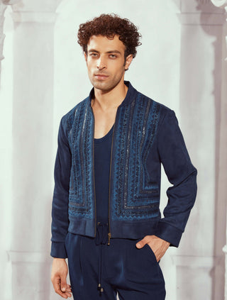 Navy Blue Byzantine Embroidered Jacket by Nikita Mhaisalkar Men available on Indiaspopup.com