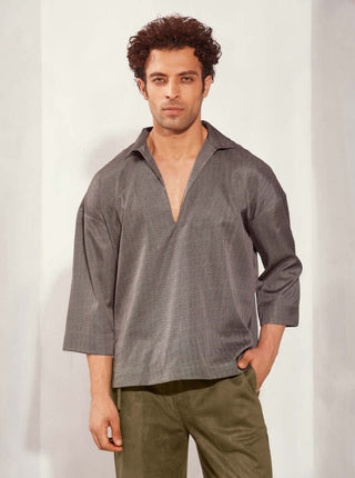 Grey Print Collared Oversized Crop Shirt by Nikita Mhaisalkar Men available on Indiaspopup.com