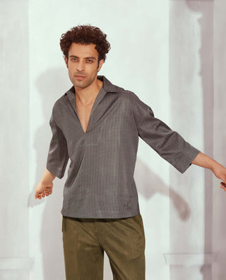Grey Print Collared Oversized Crop Shirt by Nikita Mhaisalkar Men available on Indiaspopup.com