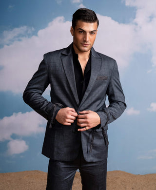 Charcoal Checks Pantsuit Set by Nikita Mhaisalkar Men available on Indiaspopup.com