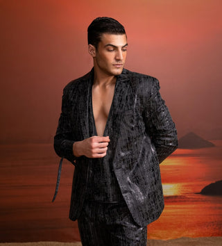 Charcoal Textured Pantsuit And Waistcoat by Nikita Mhaisalkar Men available on Indiaspopup.com
