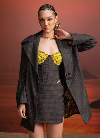 Charcoal Tweed Corset, Skirt And Jacket Set by Nikita Mhaisalkar available on Indiaspopup.com