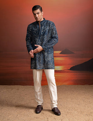 Indigo Sheeted Sequins Kurta And Ivory Pants by Nikita Mhaisalkar Men available on Indiaspopup.com