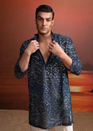 Indigo Sheeted Sequins Kurta And Ivory Pants by Nikita Mhaisalkar Men available on Indiaspopup.com
