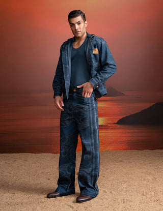 Indigo Printed Denim Jacket And Pants by Nikita Mhaisalkar Men available on Indiaspopup.com