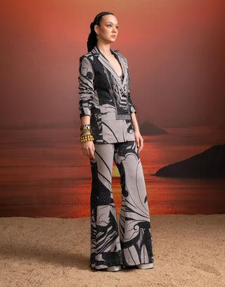 Noir Swirl Printed Sequins Pantsuit by Nikita Mhaisalkar available on Indiaspopup.com