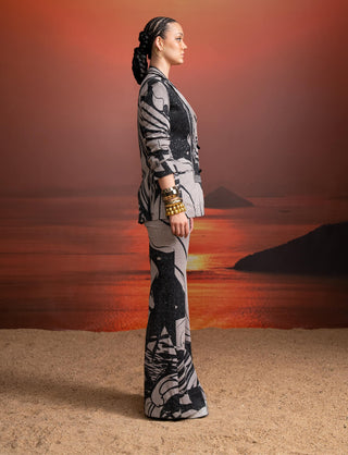 Noir Swirl Printed Sequins Pantsuit by Nikita Mhaisalkar available on Indiaspopup.com