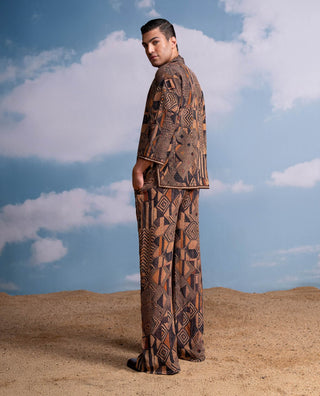 Brown Geometric Print Shirt And Pants by Nikita Mhaisalkar Men available on Indiaspopup.com