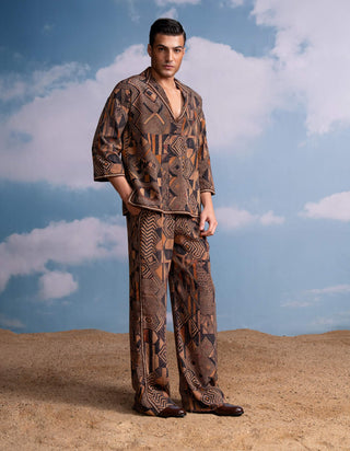Brown Geometric Print Shirt And Pants by Nikita Mhaisalkar Men available on Indiaspopup.com