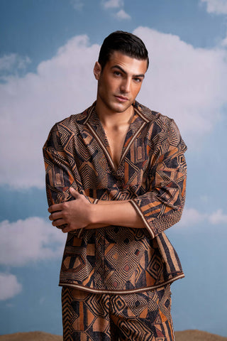 Brown Geometric Print Shirt And Pants by Nikita Mhaisalkar Men available on Indiaspopup.com