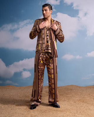 Brown Geometric Print Shirt And Pant Set by Nikita Mhaisalkar Men available on Indiaspopup.com