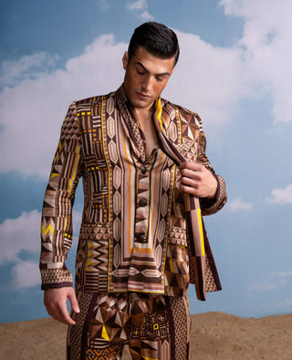 Brown Geometric Print Shirt And Pant Set by Nikita Mhaisalkar Men available on Indiaspopup.com